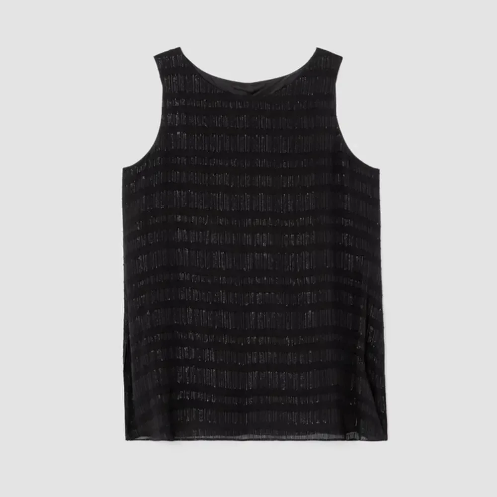 Eileen Fisher Sheer Silk Glimmer Ballet Neck Tank Easy Fit, Long Length Small